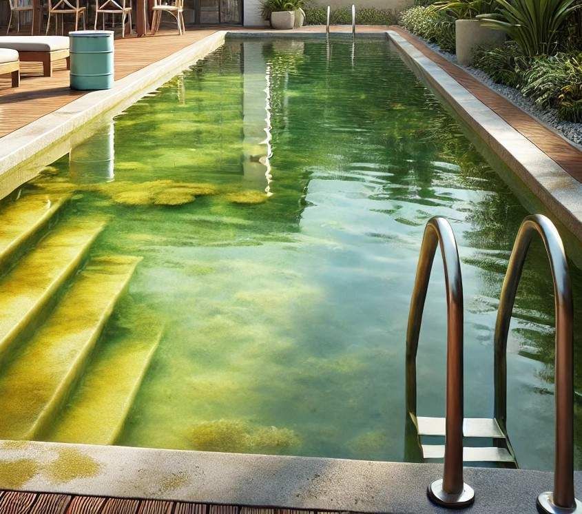 Example photo of powdery yellow mustard algae patches in a swimming pool