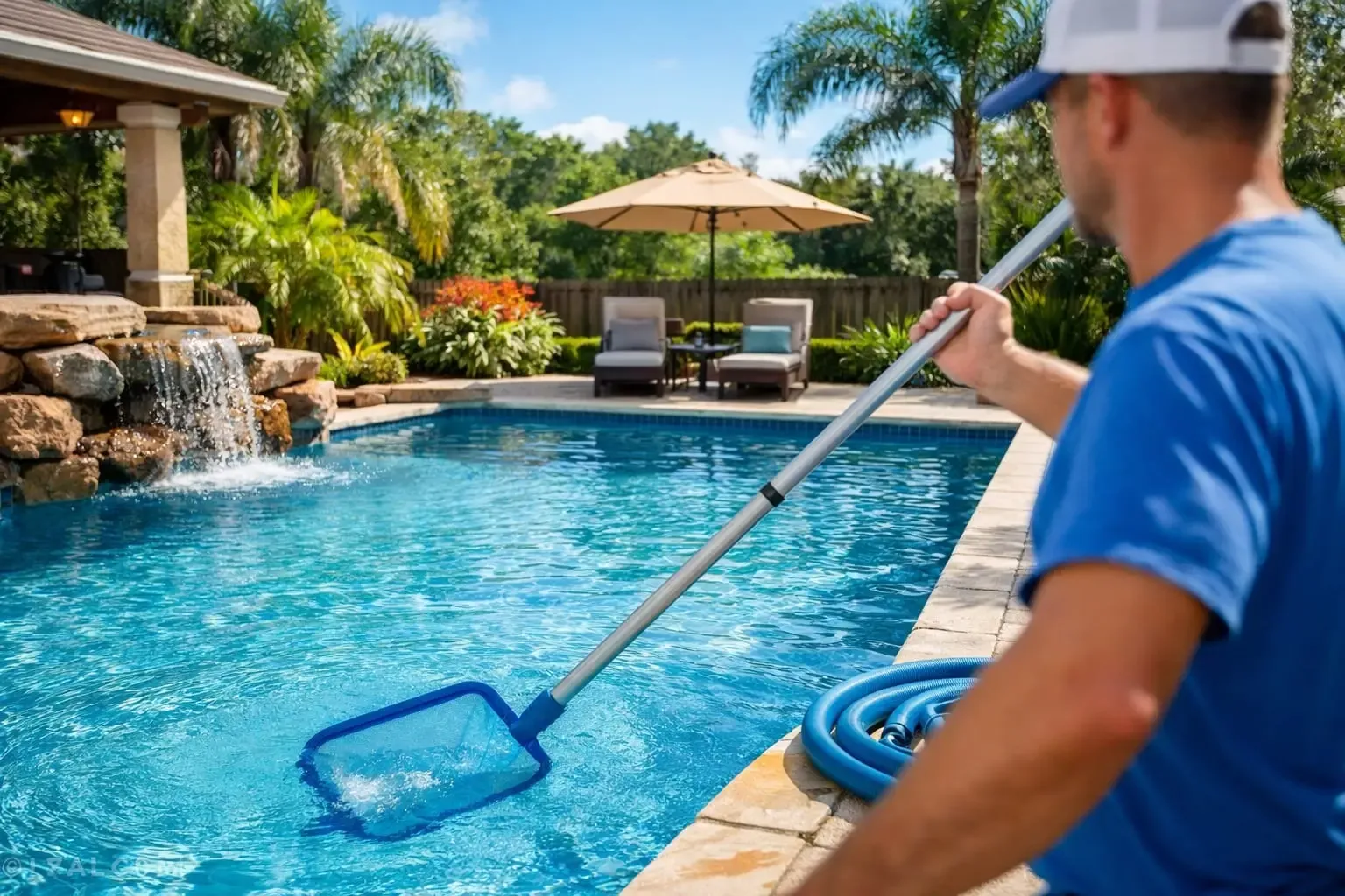 Pool cleaning technician skimming debris from a residential swimming pool