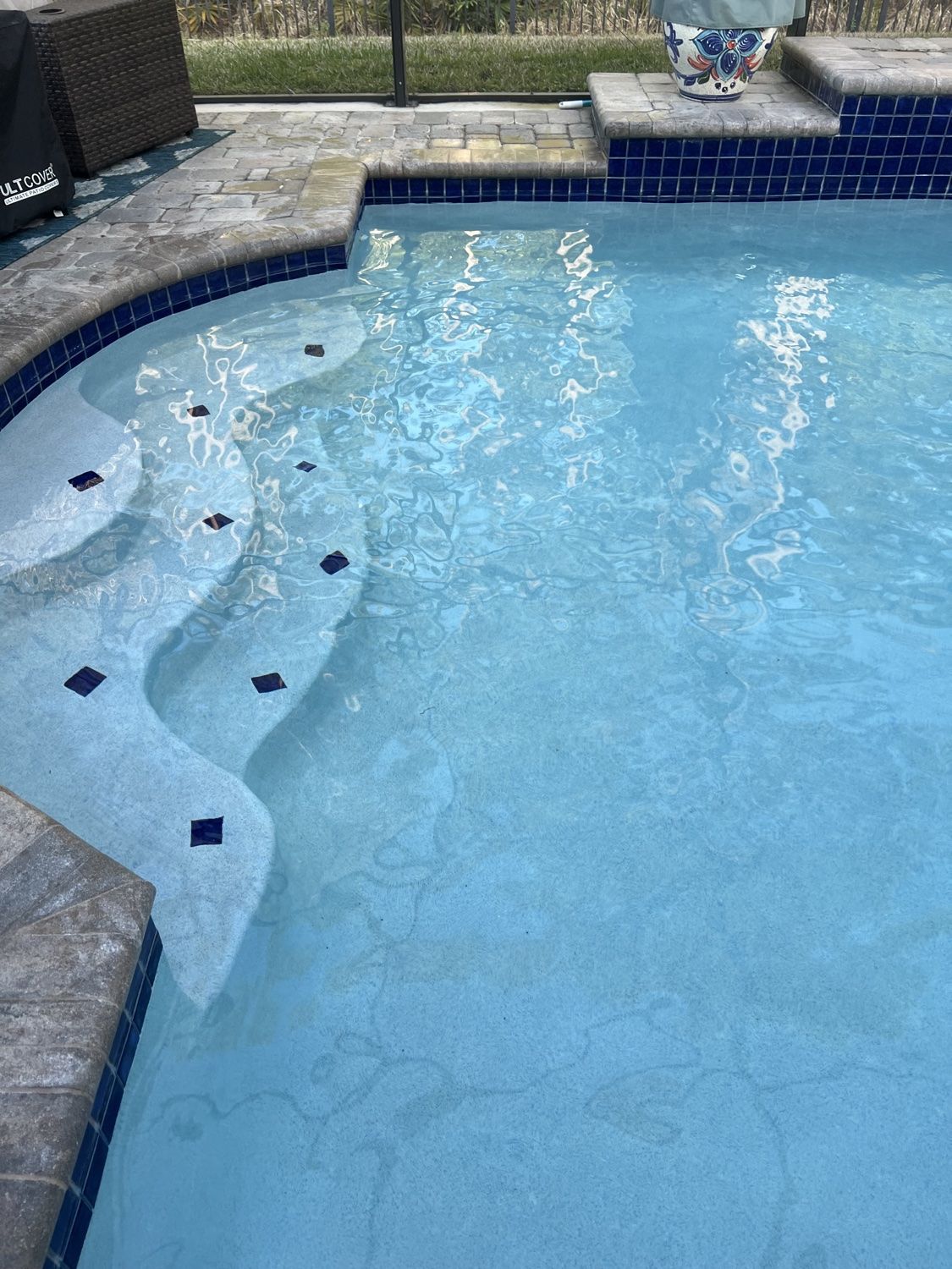 Clean pool steps and tanning ledge with clear water